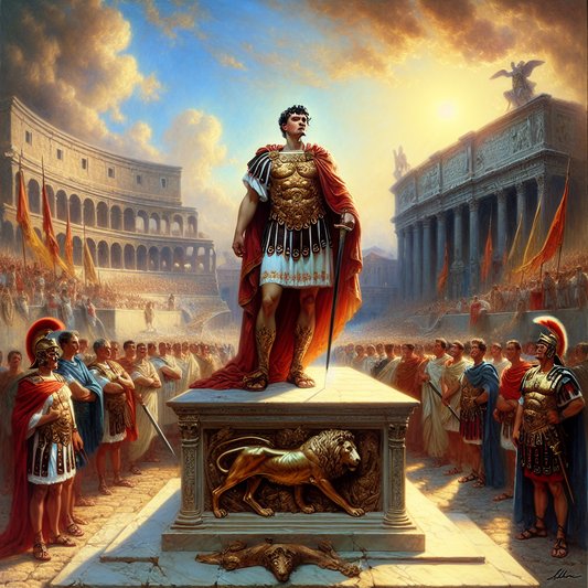 Julius Caesar in emperor regalia amidst Roman symbolic imagery including the Bull of Legio III Gallica, Capitoline Wolf statue, Roman gladius swords, with the Colosseum in the background, painted in the style of 1960s Roman historical epics.