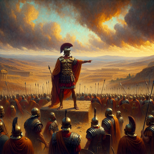 Julius Caesar addressing Roman legions on a dramatic battlefield with banners flying and fiery sky, inspired by 1960s historical epic films.