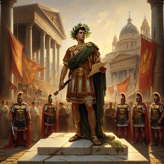 Julius Caesar wearing a laurel wreath stands proudly before ancient Roman architecture and banners, surrounded by legionaries in red cloaks in a cinematic historical painting style.