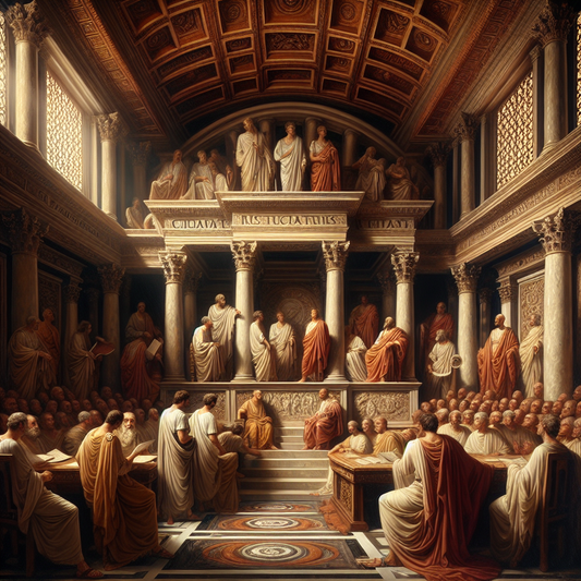 A tense scene in a classical Roman Senate with Julius Caesar addressing senators in togas, bathed in dim atmospheric light conveying political drama and betrayal, styled like a 1960s Roman historical epic film.