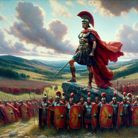 Julius Caesar commanding Roman legions during the Gallic Wars, with soldiers wearing red cloaks and armor, and banners displaying a Roman bull emblem, styled as a 1960s historical epic painting.
