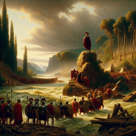 Julius Caesar crossing the Rubicon River with Roman soldiers in red cloaks and segmented armor under a stormy sky, depicted in a cinematic 1960s Roman epic painting style.