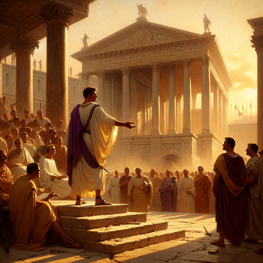 Julius Caesar addressing Roman senators in the Forum amid the cityscape of ancient Rome, depicting political conflict and tension during the fall of the Republic, in a cinematic painterly style.