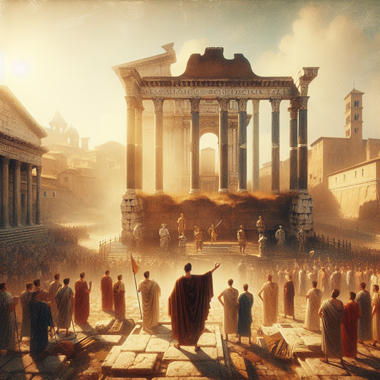 Julius Caesar addressing the Roman Senate in the bustling Roman Forum, surrounded by senators and legionaries, in a warm, painterly style inspired by 1960s historical epics.