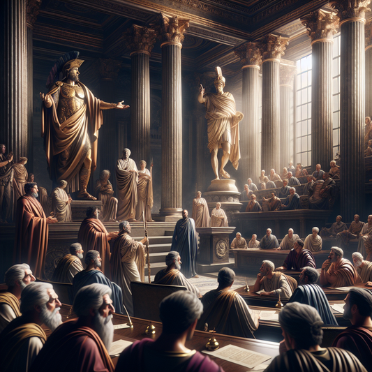 Julius Caesar speaking to the Senate in ancient Rome.