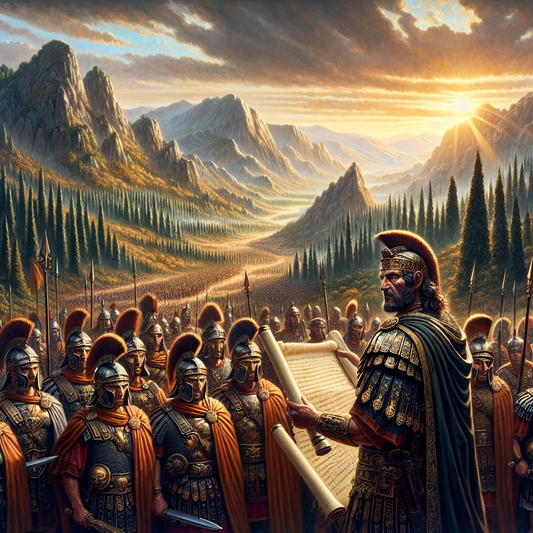 Julius Caesar leading troops in Gaul, showcasing Roman military prowess and the natural beauty of the region.