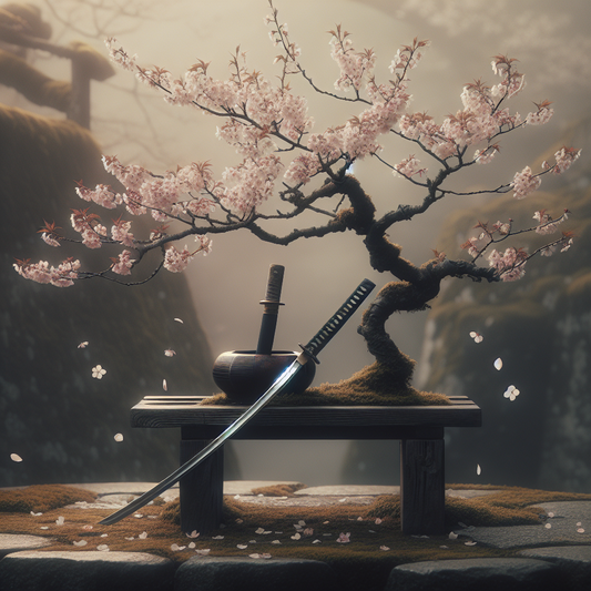 A delicate katana sword resting near cherry blossom branch in a misty Kyoto garden at dawn, minimalist and serene in traditional Japanese style.