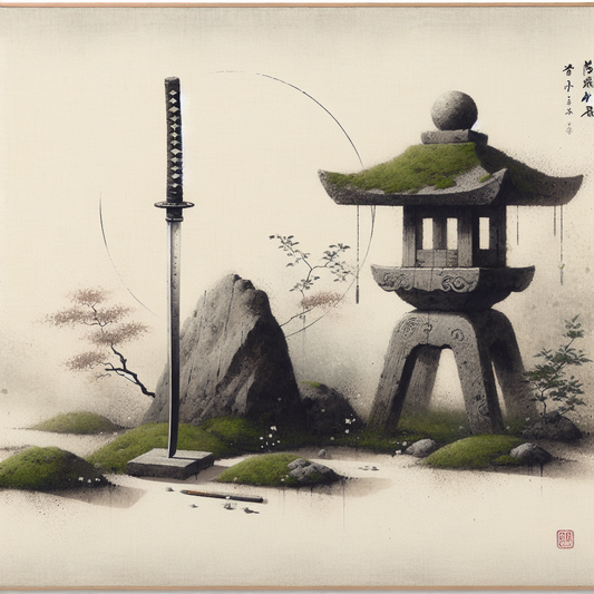A serene traditional Japanese scene with a weathered katana by a stone lantern in a zen garden, subtle ink brush symbols representing stoic philosophy, soft natural light and drifting sakura petals, minimalist and peaceful.