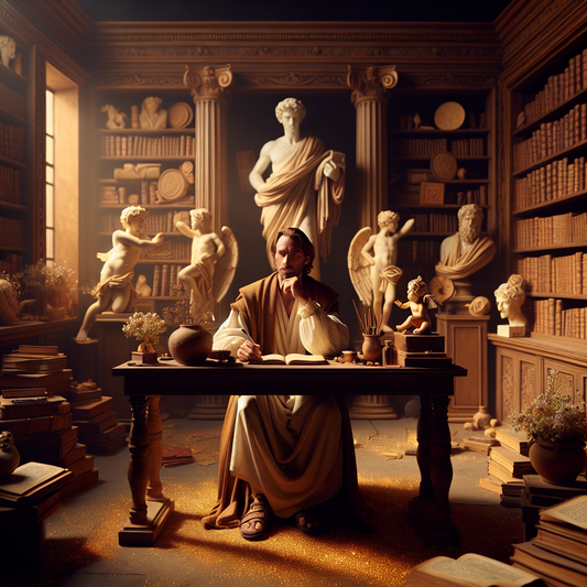 Søren Kierkegaard depicted as a philosopher in a Roman-style study, surrounded by symbols of love and ancient texts.