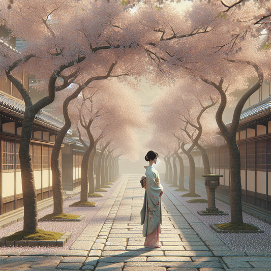 A serene Kyoto street lined with cherry blossom trees and a young woman in an elegant silk kimono walking peacefully along a historic path in spring.
