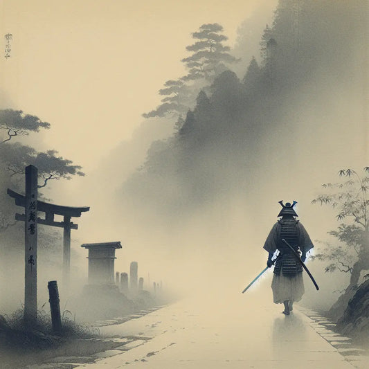 A lone samurai in traditional armor walks along a misty Edo period road at dawn, katana softly glinting, evoking serene and historic Japan.
