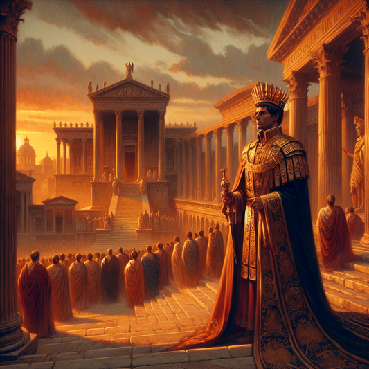 Lucius Tarquinius Superbus, the last Roman king, stands before the Roman Senate at sunset in the Roman Forum, signaling the end of the monarchy and birth of the Republic, painted in a classic 1960s historical epic style.