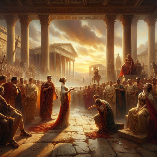 Emotionally charged Roman senators and citizens reacting to Lucretia's tragic death in the Roman Forum, surrounded by classical architecture, rendered in a realistic cinematic 1960s epic style.