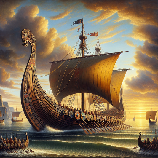A luxurious Viking ocean cruise ship sails calmly at sunset over a warm-toned ocean, with subtle historical Viking imagery blending into the sky above, in a cinematic 1960s epic painting style.