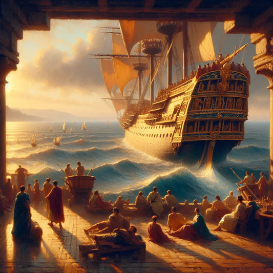 Luxury cruise ship sailing calmly during golden hour with passengers enjoying the deck under a clear blue sky, depicted in a cinematic historical painting style.