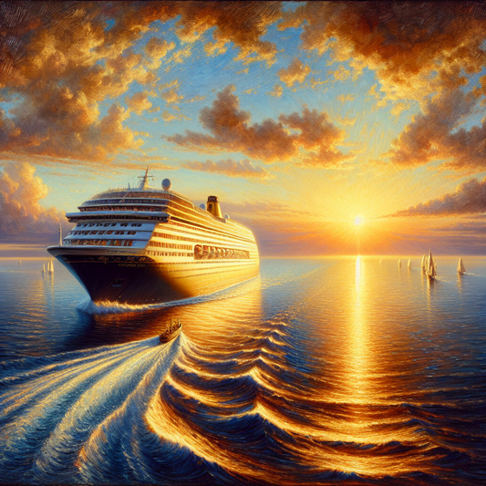 Luxury cruise ship Viking Orion sailing calmly on ocean waters at sunset with warm golden light and tranquil sky, painted in a 1960s Roman historical epic cinematic style.