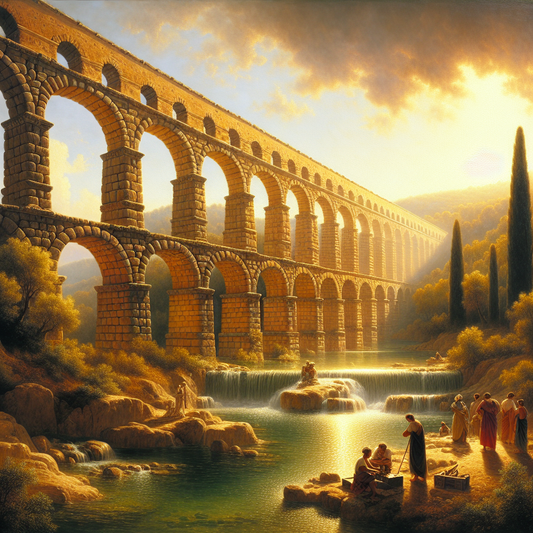 Majestic ancient Roman aqueduct with sunlit arches and clear water flowing beneath, surrounded by lush greenery under a bright sky, in the style of 1960s historical epics.