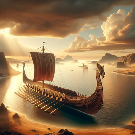 Majestic cruise ship inspired by Viking longships sailing on a peaceful ocean at sunset, painted in a cinematic 1960s Roman historical epic style with warm tones and rich Norse design details.