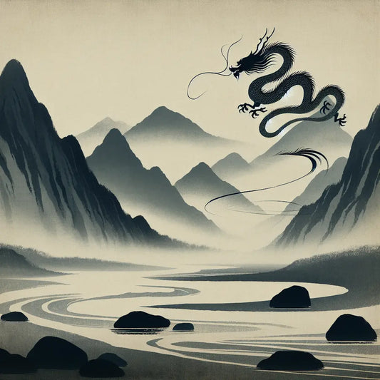 A minimalist Japanese-style image of a majestic dragon soaring above misty mountains with flowing river and subtle wind, in muted traditional colors and serene atmosphere.