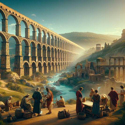 Majestic Roman aqueduct spanning a lush valley with flowing water beneath and ancient city ruins, depicted in the style of a 1960s historical Roman epic painting.