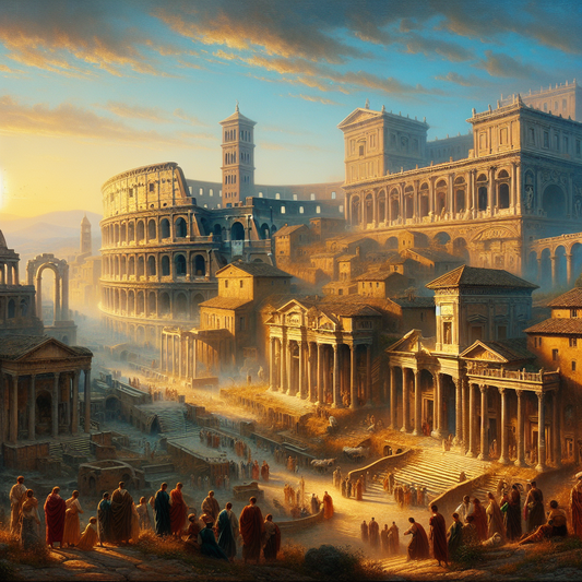 Ancient Roman cityscape at dawn showing the Colosseum and Roman Forum bathed in warm golden sunlight with a few robed citizens in the foreground, inspired by classic 1960s historical epic films.