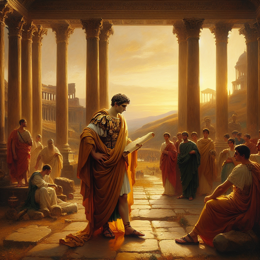 Portrait of Roman Emperor Marcus Aurelius in imperial robes, standing contemplatively with the Roman forum and symbolic Roman Empire backdrop, reflecting Stoicism and complex religious themes of his reign, styled like a 1960s historical epic painting.