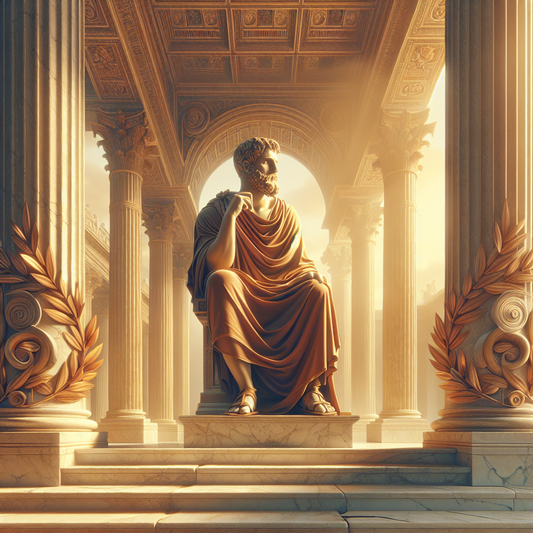 Portrait of Marcus Aurelius thoughtfully seated in a Roman forum, surrounded by laurel leaves and subtle Stoic symbols, painted in a classic 1960s historical epic style.