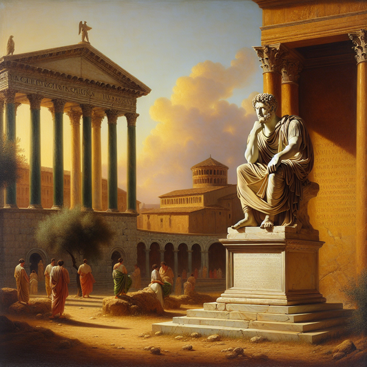 Statue of Marcus Aurelius in a contemplative pose amid an ancient Roman forum with classical architecture and symbols of Stoic philosophy.