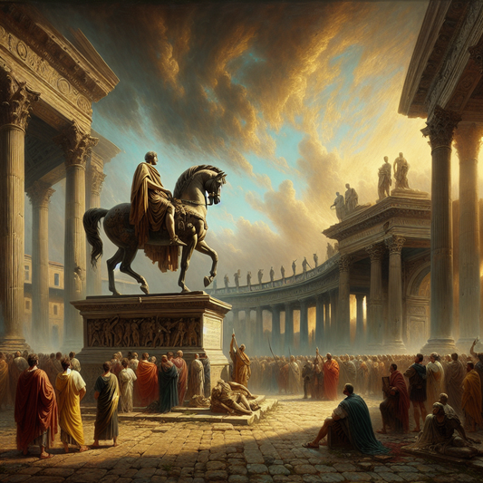 Equestrian statue of Marcus Aurelius in ancient Rome's forum under a dramatic sky, symbolizing stoic leadership and endurance, painted in a 1960s historical epic style.