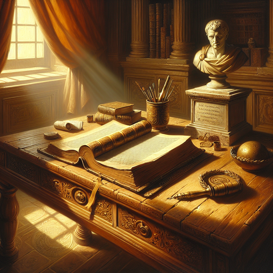 An old leather-bound copy of Marcus Aurelius' Meditations on a wooden desk surrounded by Roman artifacts bathed in warm golden light, evoking classical wisdom and leadership.