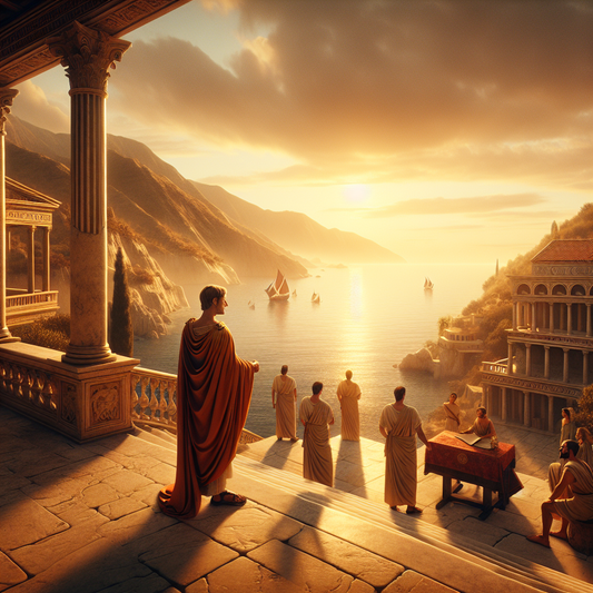 Marcus Aurelius stands solemnly on a marble balcony overlooking the Mediterranean at sunrise, surrounded by Roman philosophers and classical architecture, evoking calm and Stoic reflection.