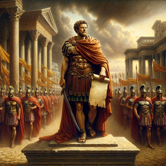 Marcus Aurelius in Roman armor holding a scroll of Meditations, with Roman legions marching behind him amid ancient Roman architecture under stormy skies, inspired by classic 1960s historical epics.