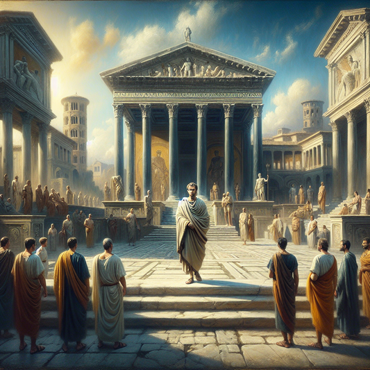 Portrait of Marcus Aurelius standing thoughtfully on marble steps with Roman forum architecture behind him, painted in the style of 1960s Roman historical epics.