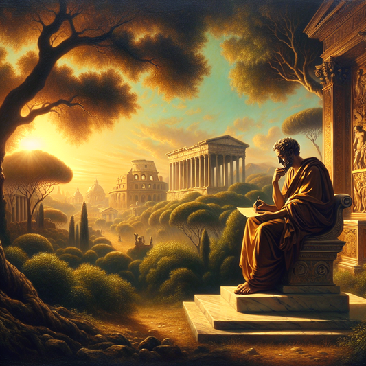 Marcus Aurelius writing in a tranquil Roman grove, surrounded by trees symbolizing life and death, with a 'Memento Mori' theme.