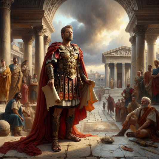 Emperor Marcus Aurelius standing in traditional Roman armor holding a scroll before a dramatic ancient Roman cityscape under stormy skies, embodying wisdom and stoic resilience in a classical painting style.