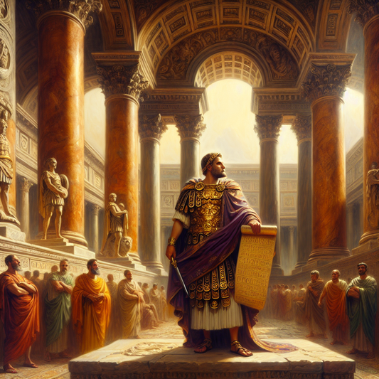 Marcus Aurelius in traditional imperial attire holding a scroll with Stoic symbols, standing amidst ancient Roman architecture symbolizing wisdom and strength, rendered in a classic cinematic painting style.