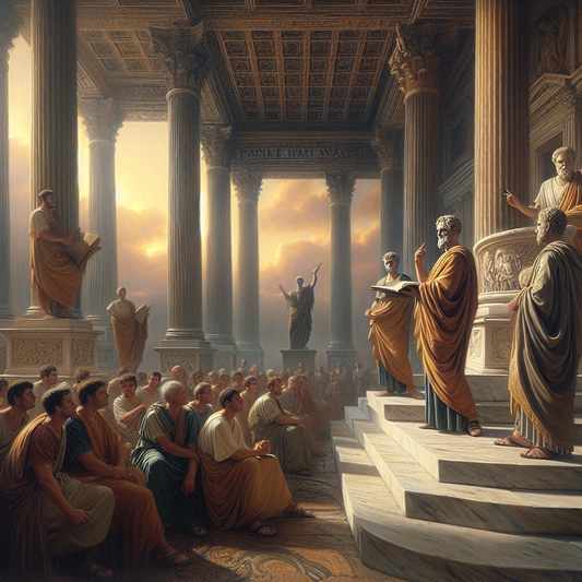 Marcus Aurelius, Seneca, and Epictetus depicted together in ancient Roman forum, surrounded by classical architecture, embodying resilience and wisdom in a 1960s epic film painting style.
