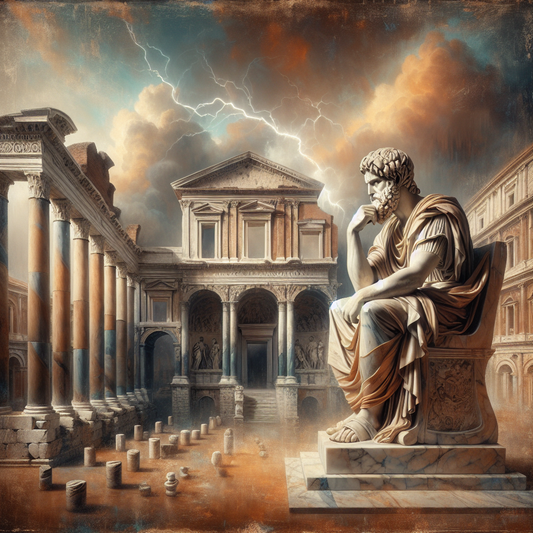 Classical Roman statue of Marcus Aurelius in a contemplative pose against ancient Roman architectural backdrop with subtle lightning bolt overlay symbolizing strength and wisdom.