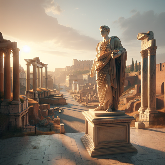Majestic bronze statue of Marcus Aurelius in Roman armor on a marble pedestal overlooking the Roman Forum at sunset, bathed in warm golden light with ancient ruins in the background.
