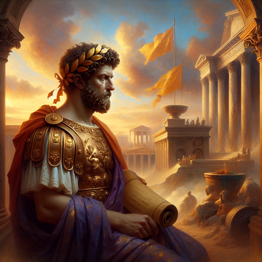 Portrait of Marcus Aurelius in imperial Roman attire holding a scroll titled Meditations, standing stoically against a backdrop of ancient Roman columns and subtle legionary standards with symbolic lightning bolts shining behind him.