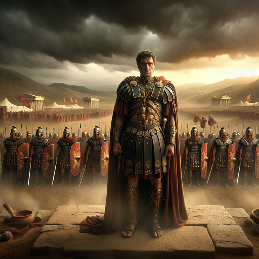 Marcus Aurelius stands contemplatively before a locked shield formation of Roman legionaries under a stormy sky, embodying Stoic resilience, in a 1960s historical epic painting style.