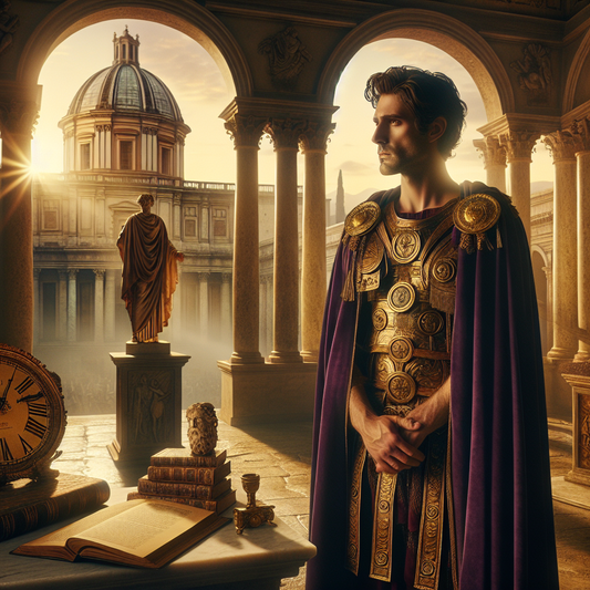 Portrait of Marcus Aurelius in Roman imperial attire surrounded by ancient Roman architecture and Stoic symbols, rendered in a cinematic 1960s historical epic style.