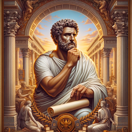 Marcus Aurelius reflecting on life and death amidst elements of stoic philosophy, set in a tranquil Roman backdrop.