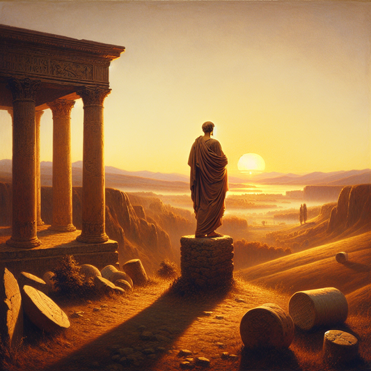 Marcus Aurelius in a serene Roman landscape at sunset, embodying stoic philosophy in a cinematic 1960s historical epic style.