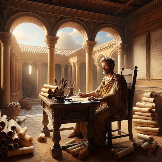 Marcus Aurelius in ancient Rome thoughtfully writing Meditations surrounded by scrolls and classical Roman architecture in warm daylight.