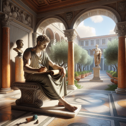 Marcus Aurelius in a Roman study, writing his Meditations surrounded by symbols of resilience and leadership, bathed in warm daylight with classical Roman architecture in the background.