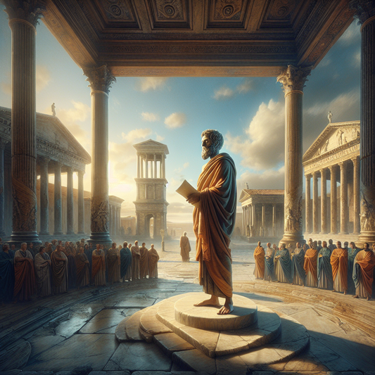 Portrait of Marcus Aurelius standing thoughtfully in the Roman Forum with ancient columns and temples, symbolizing wisdom and Stoic philosophy, in the style of 1960s historical epic films.