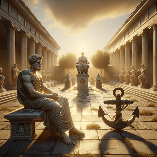 Marcus Aurelius meditating in a Roman courtyard with Stoic symbols, painted in a 1960s historical epic style.