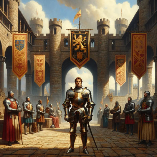 A German knight in traditional medieval armor standing proudly in a castle courtyard adorned with banners bearing noble crests, depicted in a painterly style inspired by 1960s historical epics.