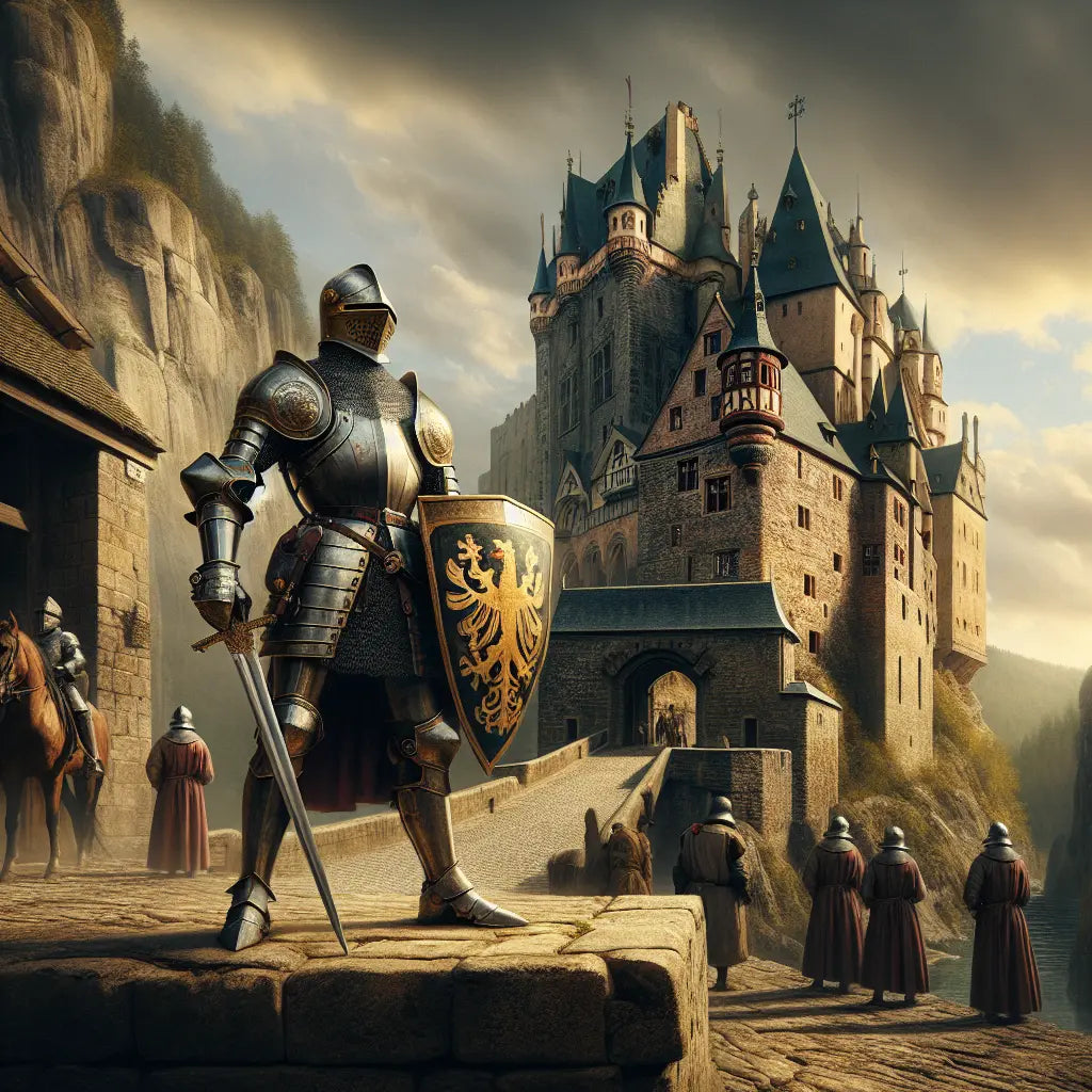 A medieval German knight in shining armor with a distinctive helmet, holding a sword and shield, stands heroically before a grand castle under a dramatic, cloudy sky.